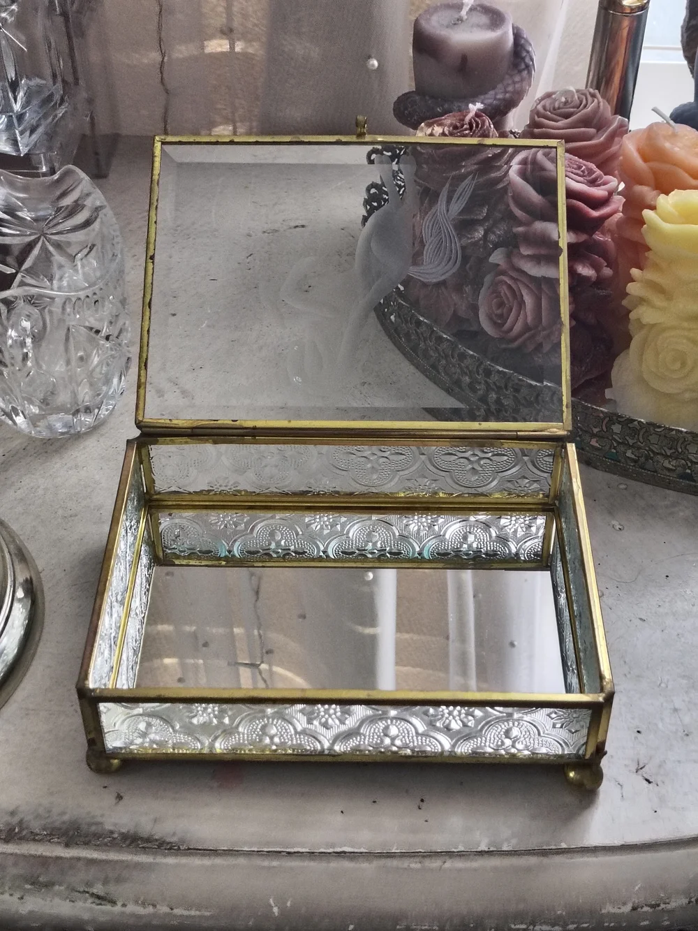 Vintage Brass & Embossed Glass Unicorn Jewelry Box Etched Frosted Glass Trinket